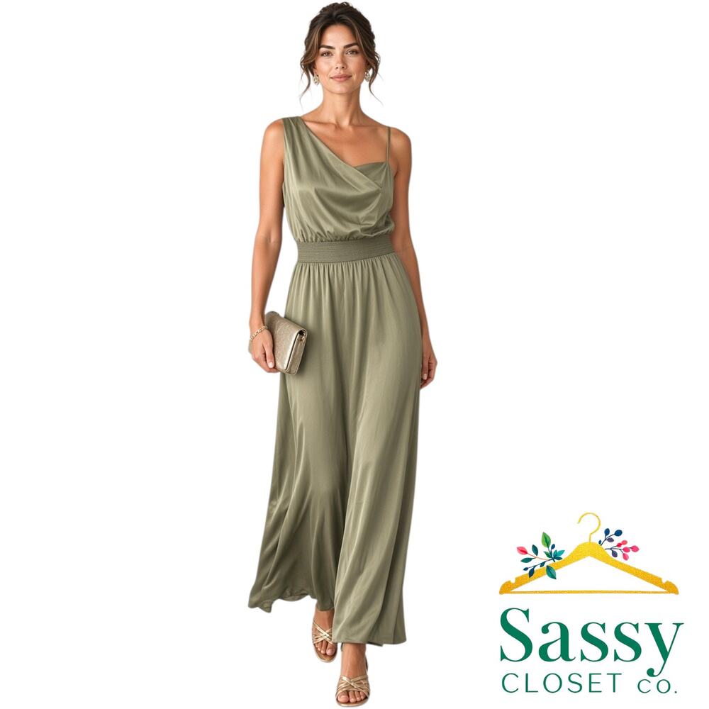 NICOLE MILLER Olive Green One Shoulder Smocked Midi Dress S Cocktail Wedding EUC